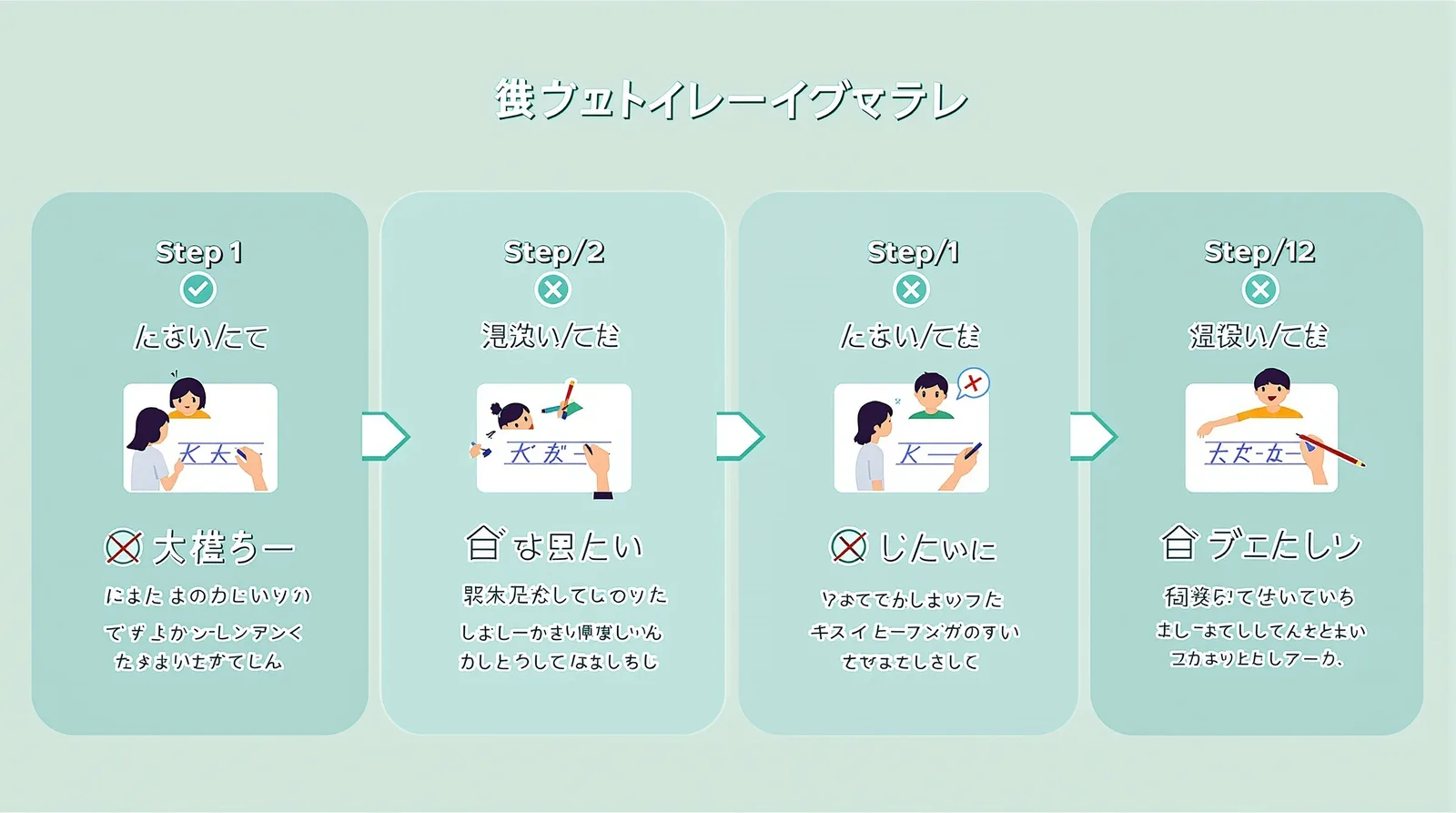 正しいステップとNG例を学ぶ日本人学生のイラスト