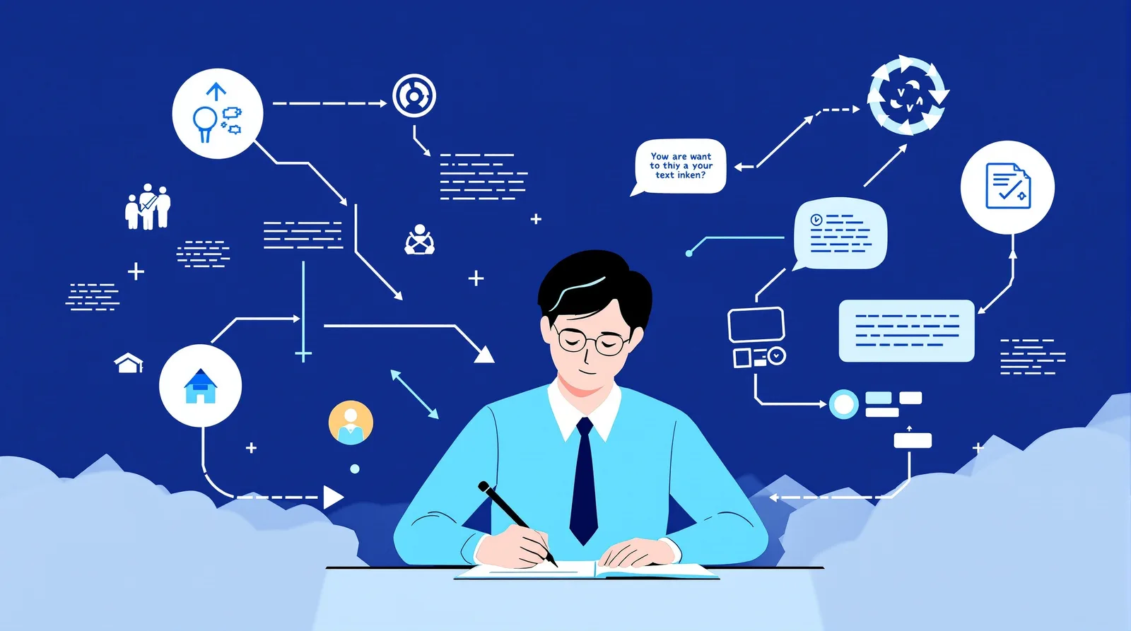 論理的な文章を書く日本人学生のイラスト