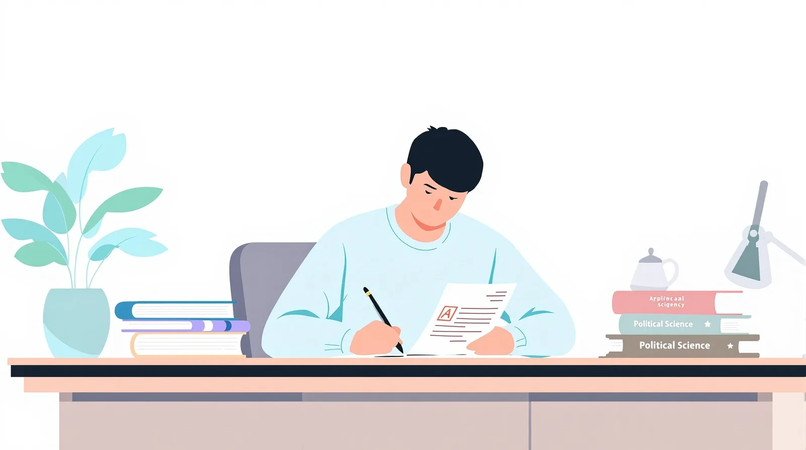 志望理由書を真剣に書く日本人学生のイラスト
