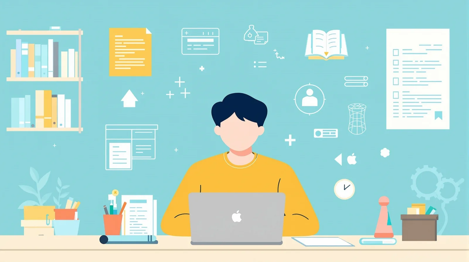 大学のカリキュラムを研究する日本人学生のイラスト