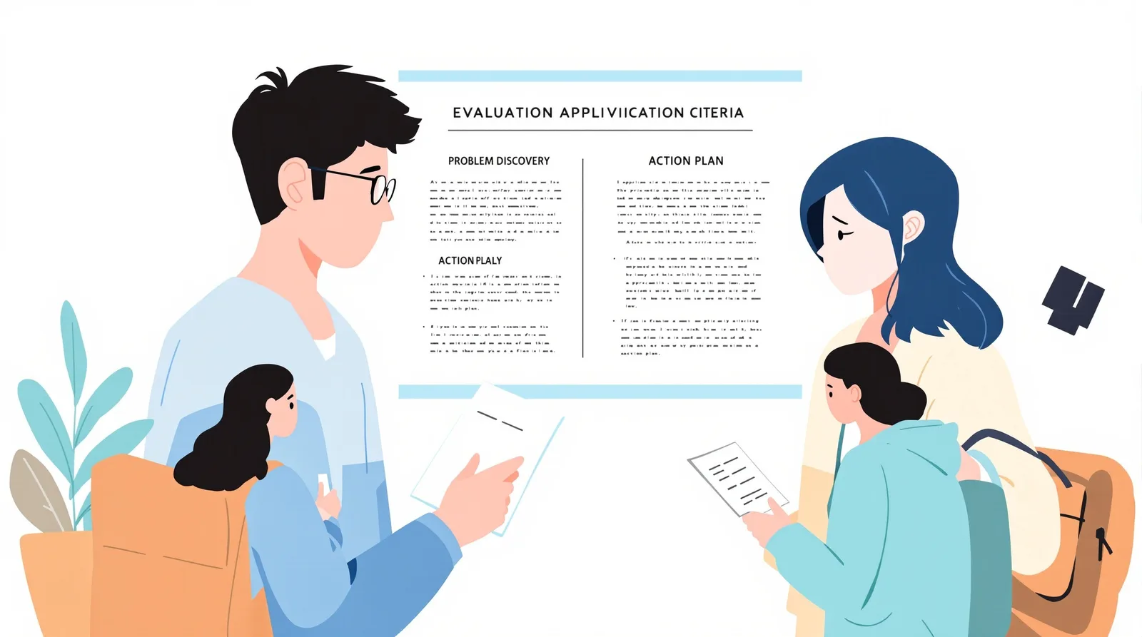 志望理由書の評価基準を分析する日本人学生のイラスト