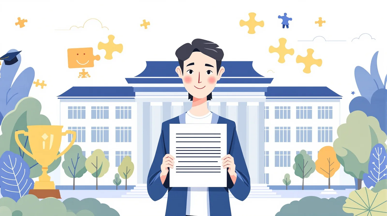 志望理由書を完成させ自信を持つ日本人学生のイラスト