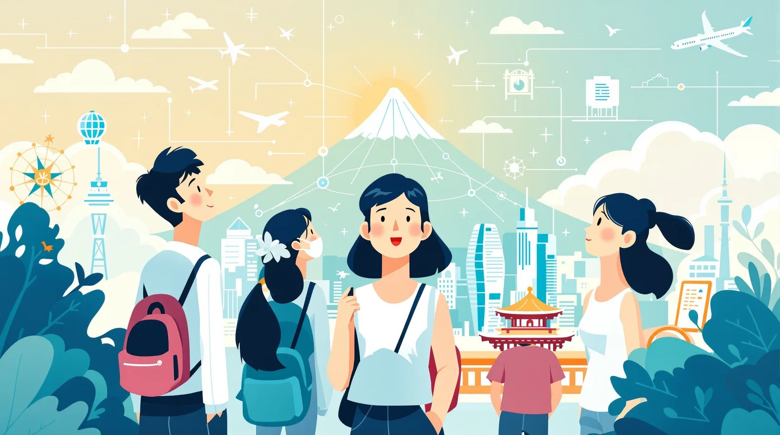 観光とグローバルな繋がりを見据える日本人学生のイラスト