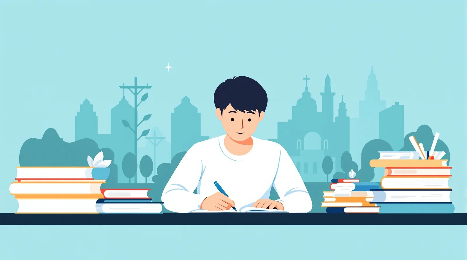 志望理由書を真剣に書く学生のイラスト