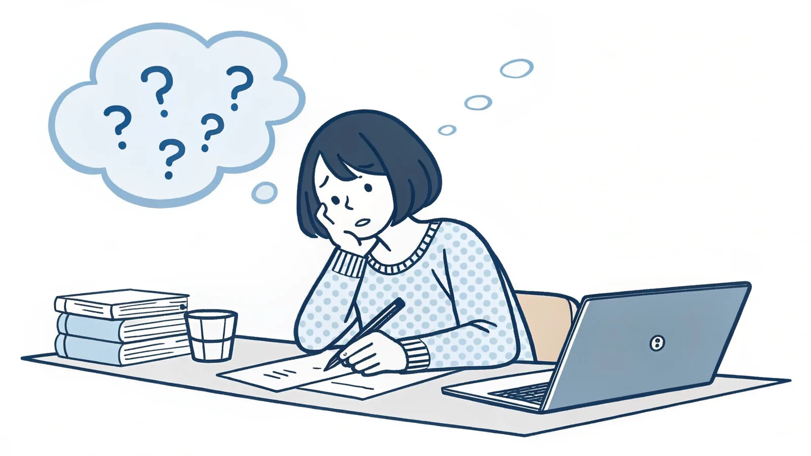 志望理由書を書く学生が不安を感じているイラスト