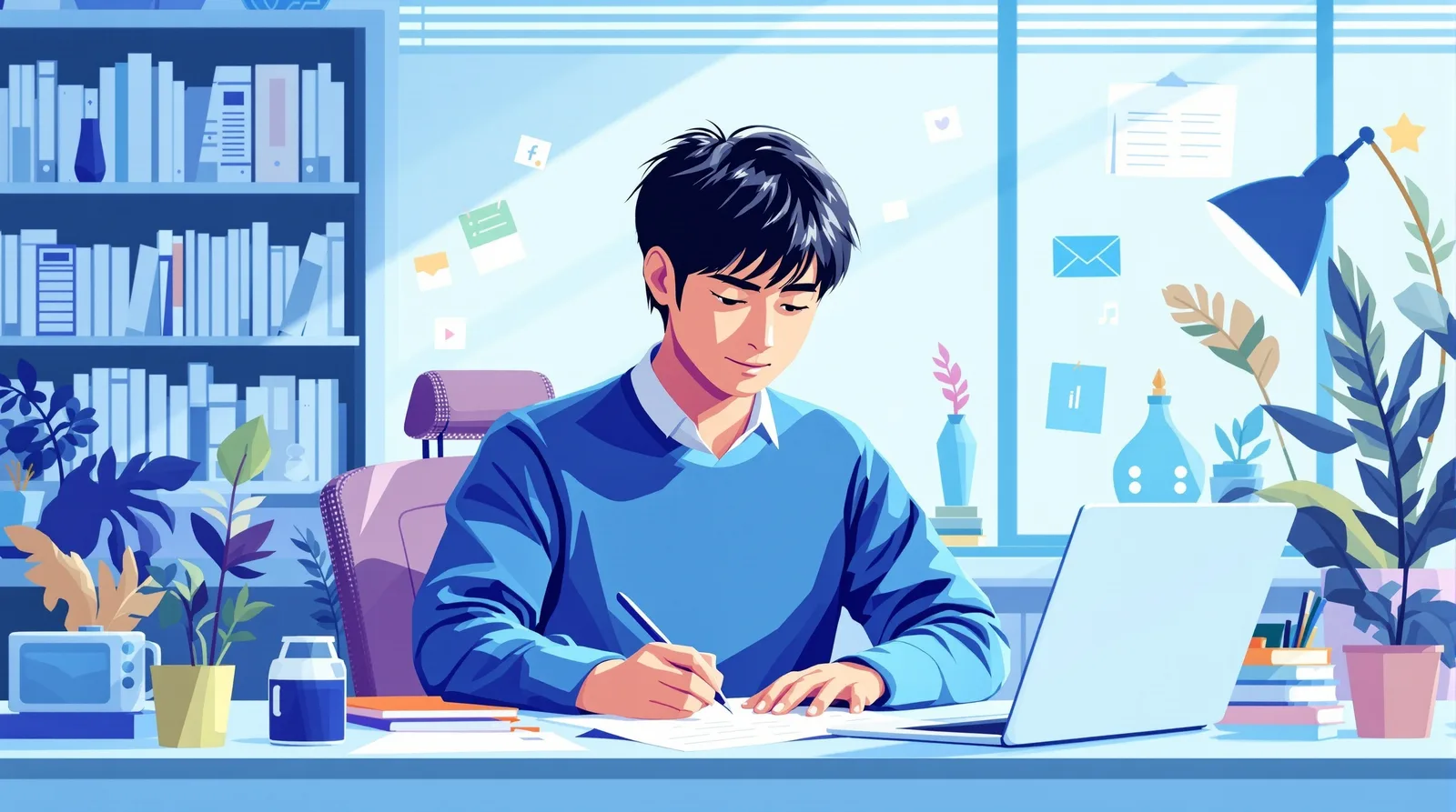 独自性を出す書き方を考える学生のイラスト