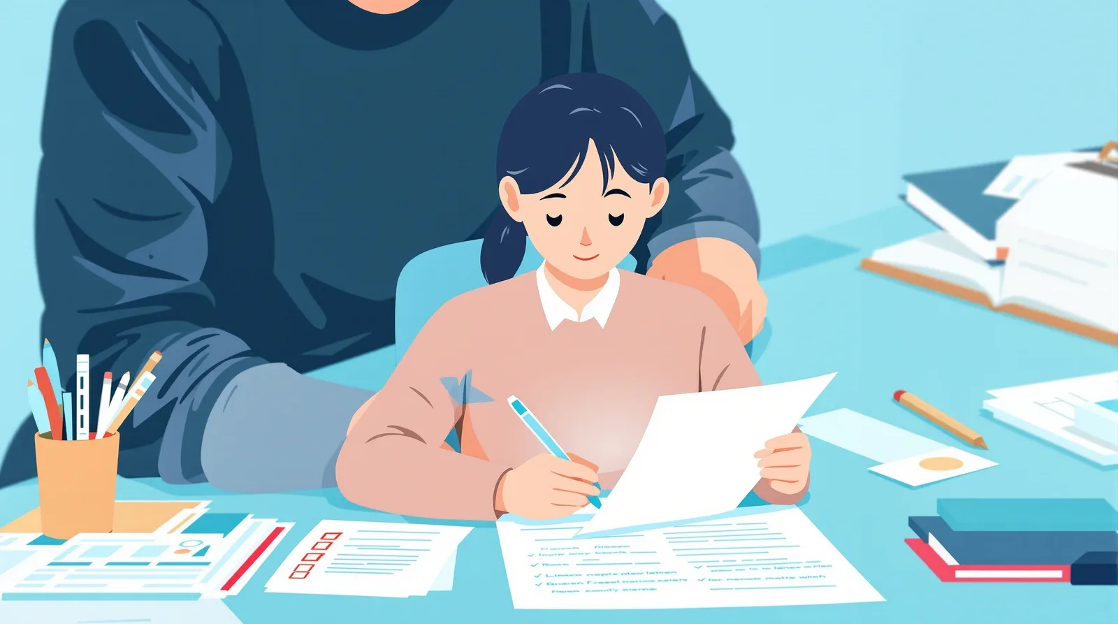 志望理由書の最終確認をする学生のイラスト