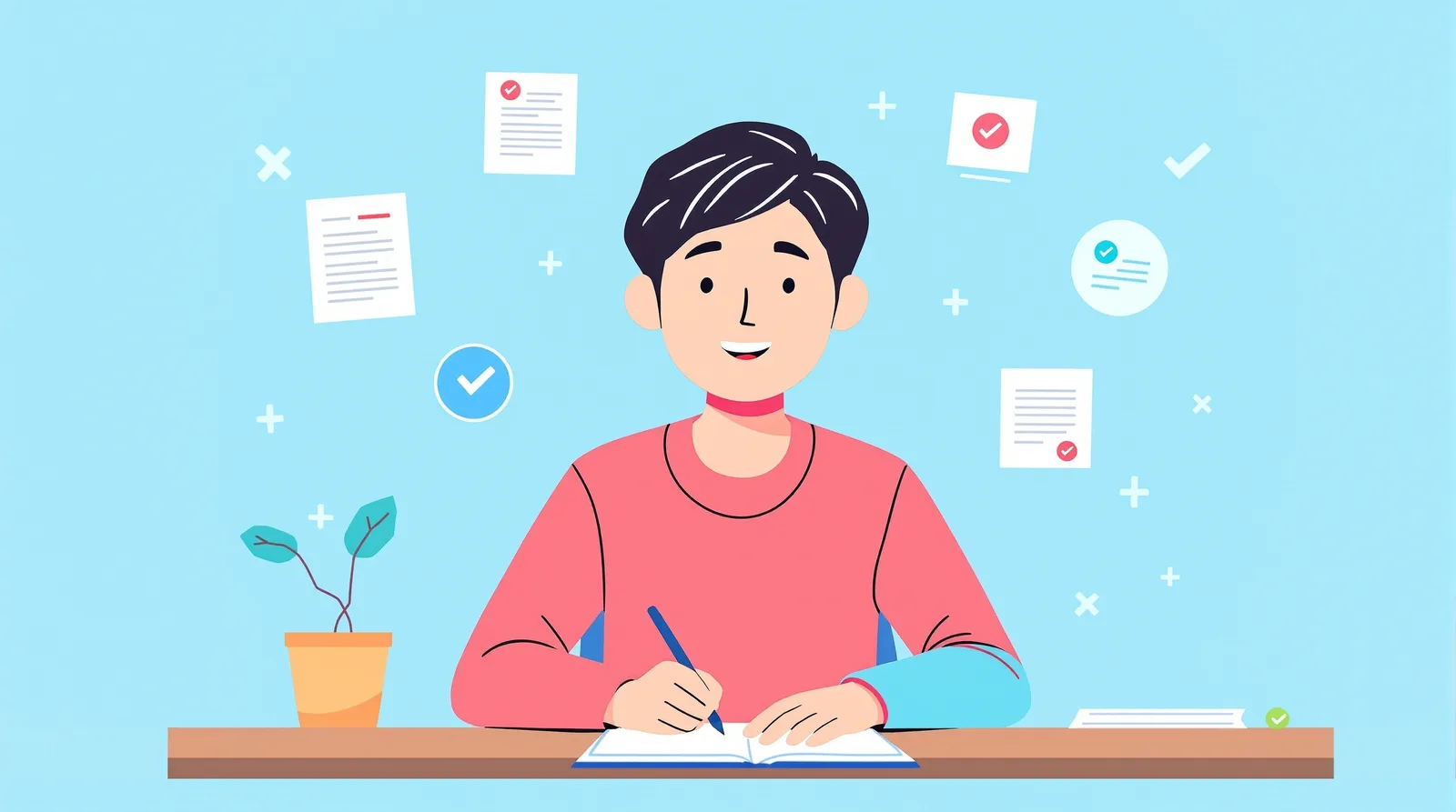 合格レベルの例文を書く学生のイラスト