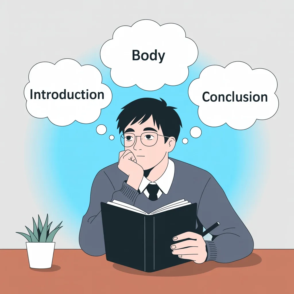 志望理由書の構成を考える日本人学生のイラスト