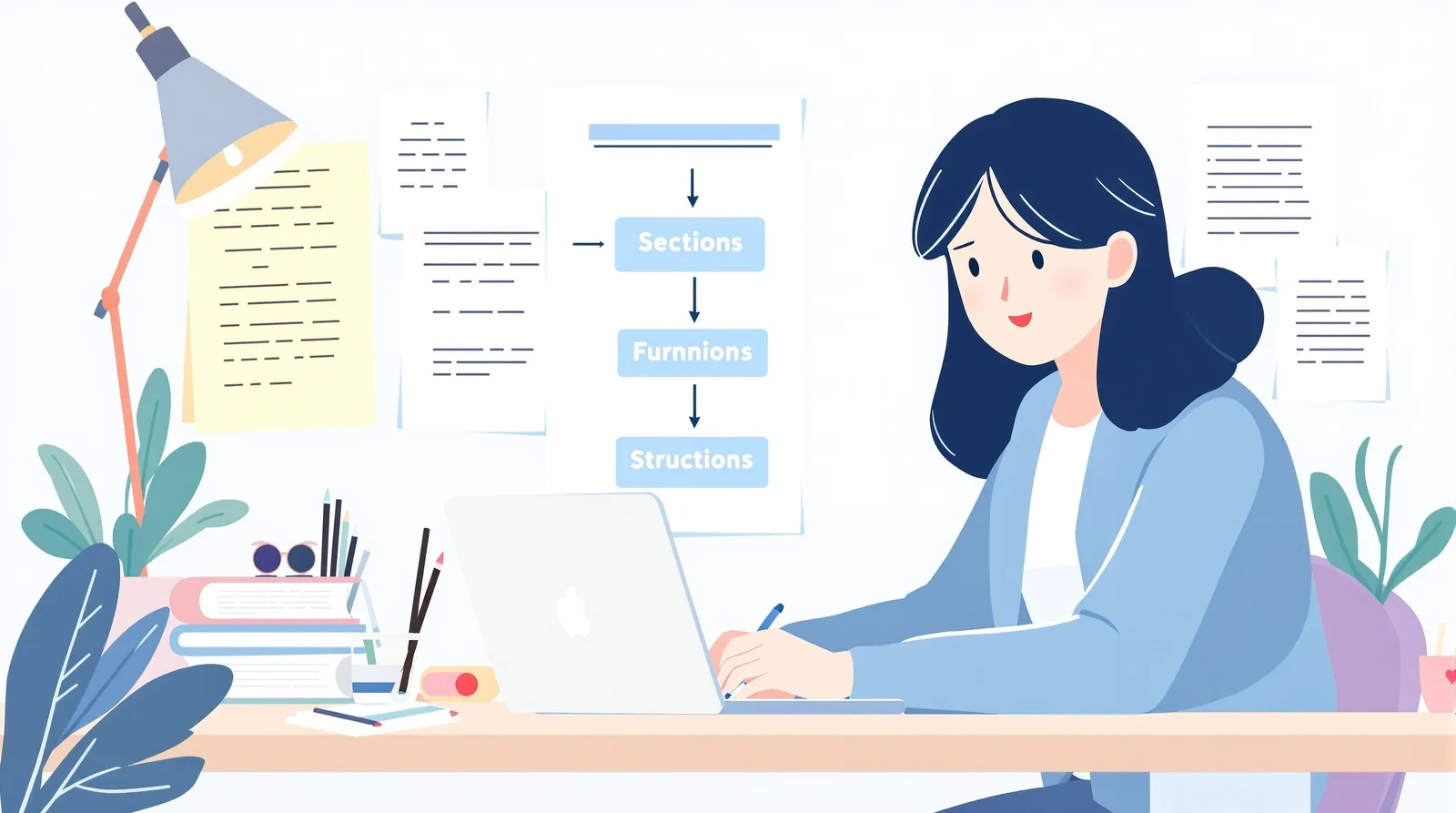 志望理由書の構成を考える日本人学生のイラスト
