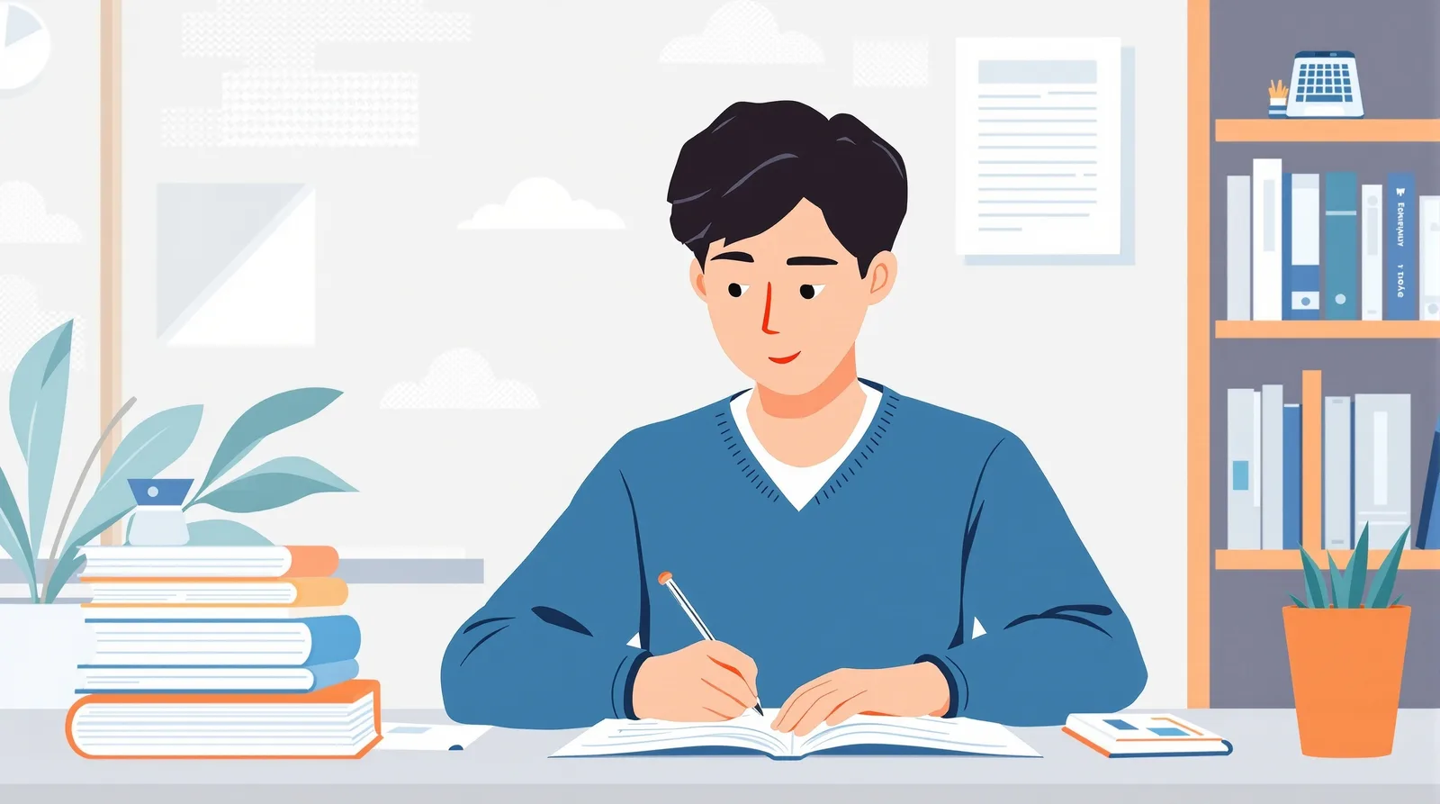 志望理由書を書く学生の物語を表すイラスト