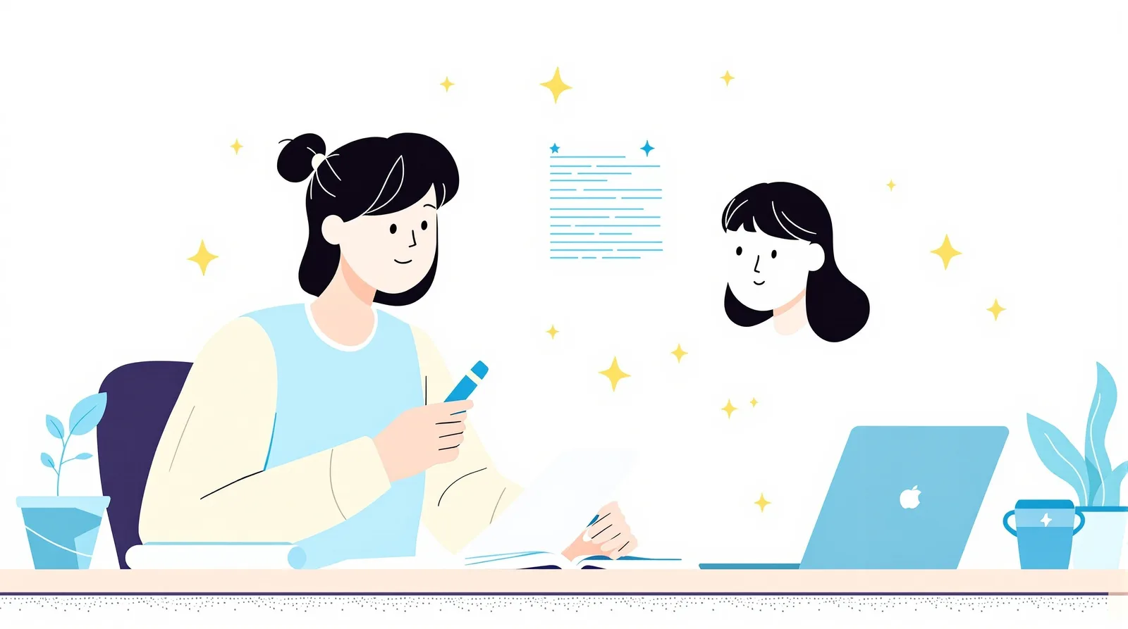 合格者の例文を分析する学生のイラスト