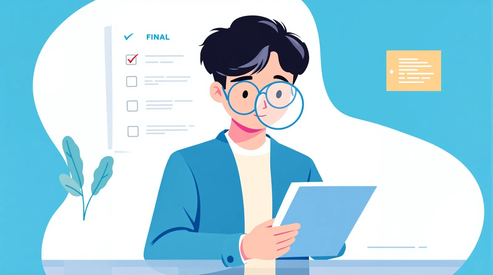 最終チェックリストを確認する日本人学生のイラスト