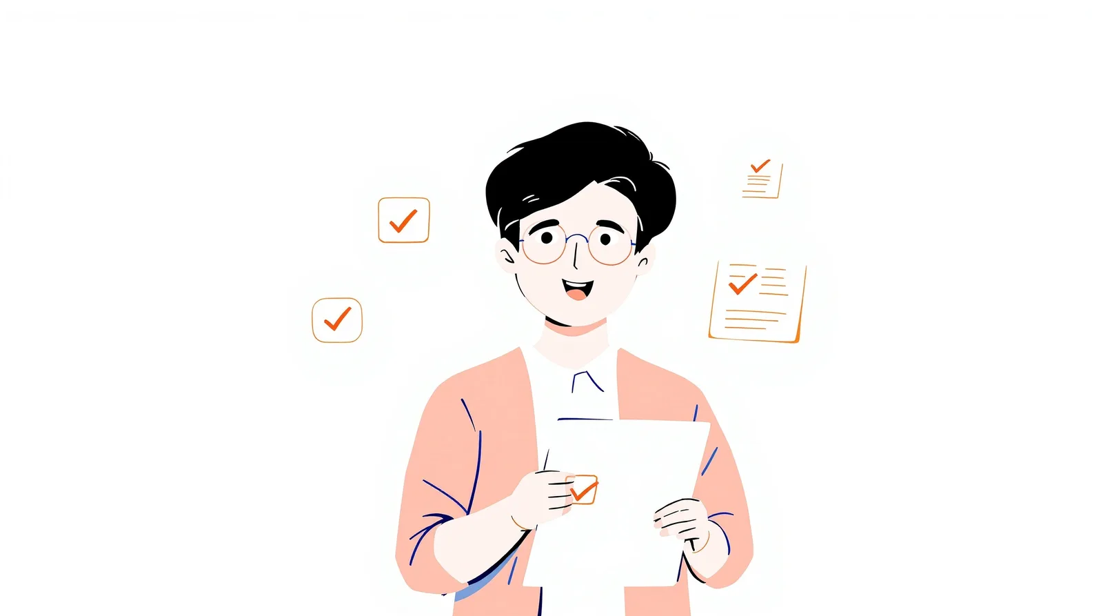 チェックリストを確認する自信に満ちた日本人学生のイラスト