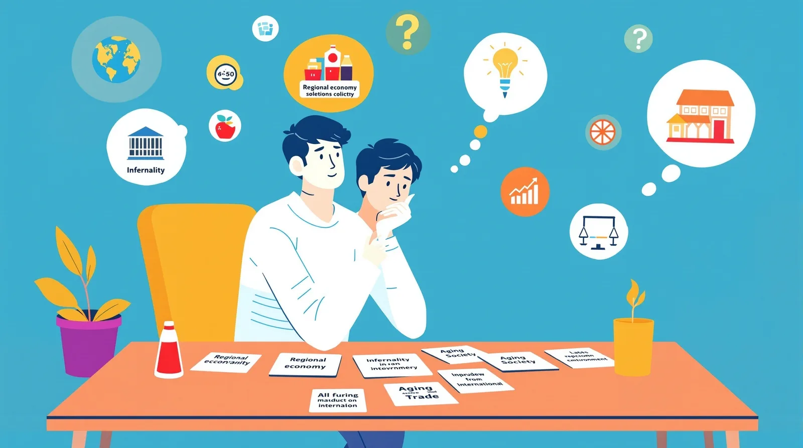 テーマ選定と深堀りを考える日本人学生のイラスト