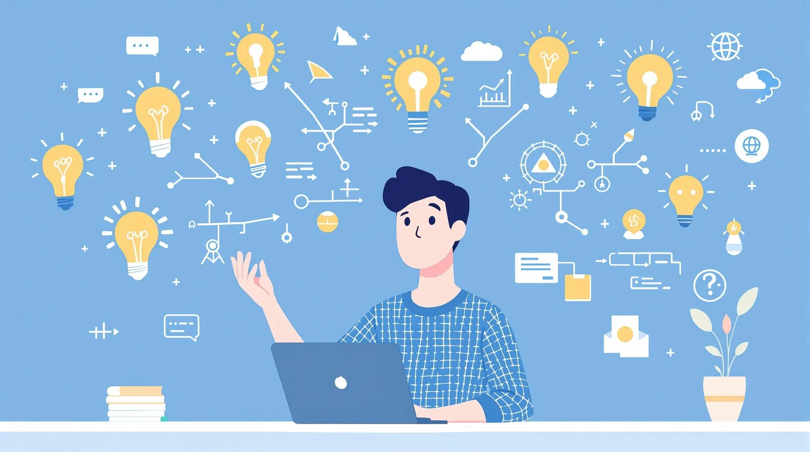 創造的なアイデアを考える日本人学生のイラスト