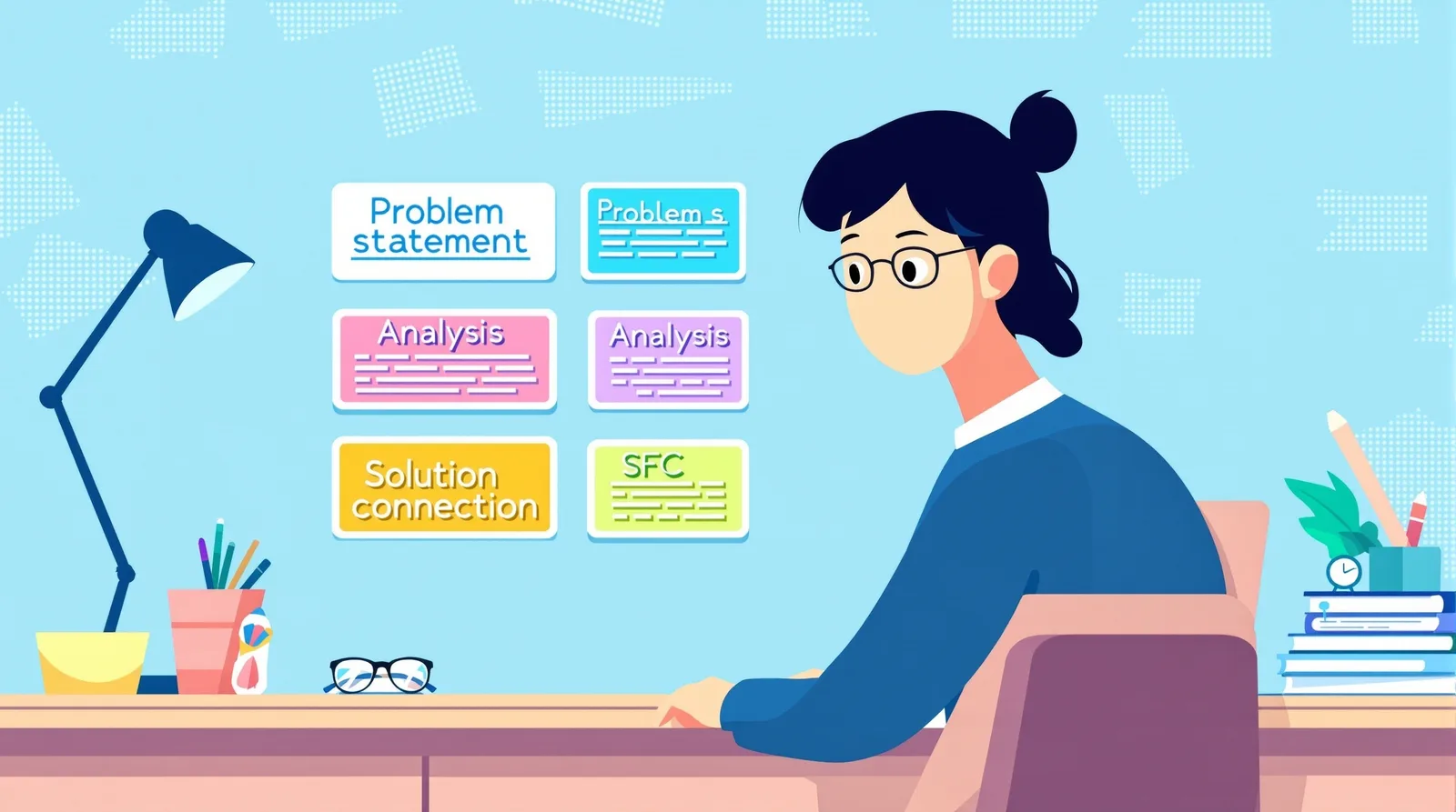 志望理由書の5つのブロック構成を計画する学生のイラスト