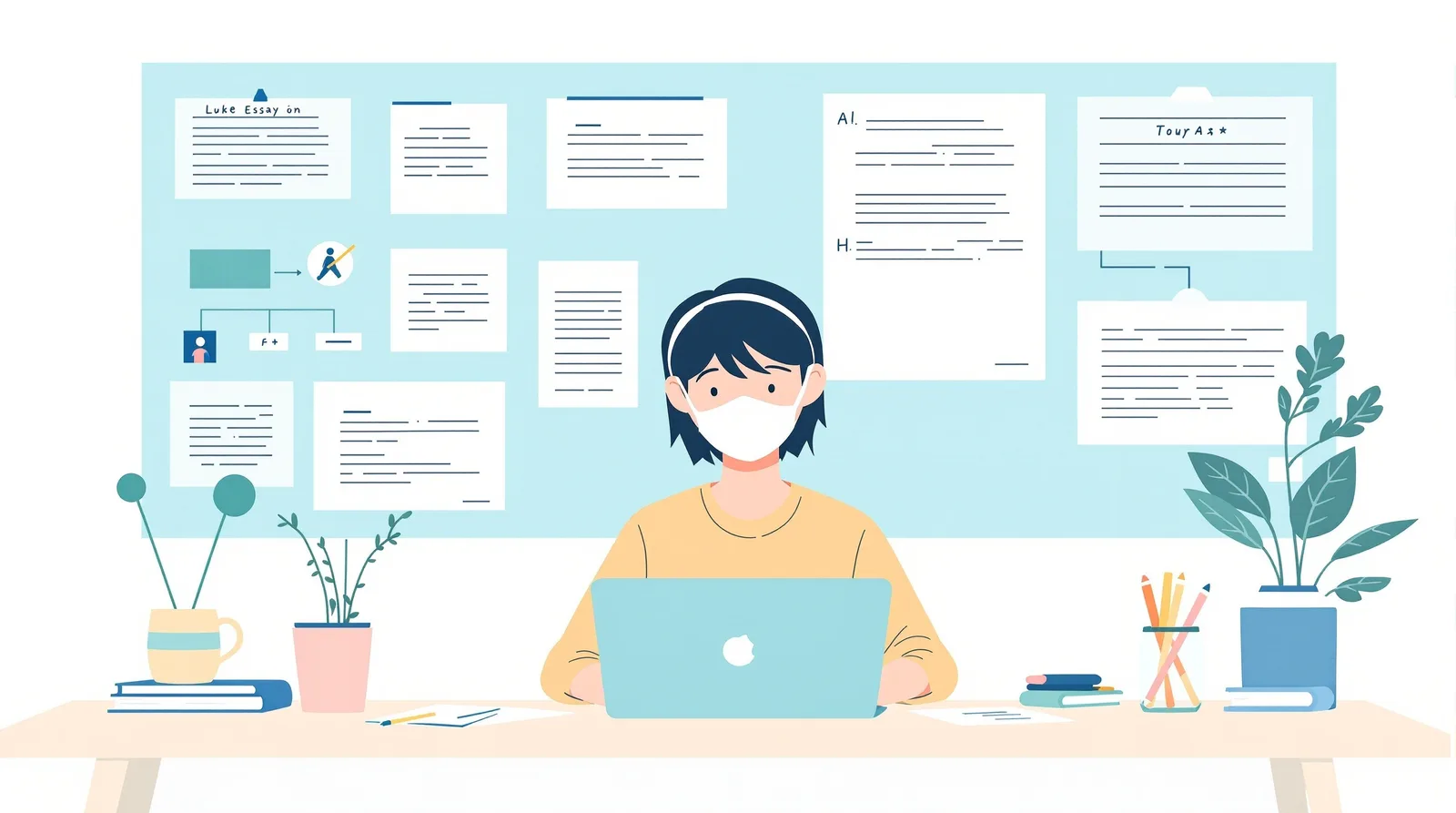 志望理由書の構成を計画する日本人学生のイラスト