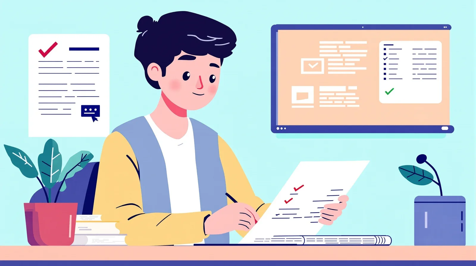 基本情報を確認する学生のイラスト