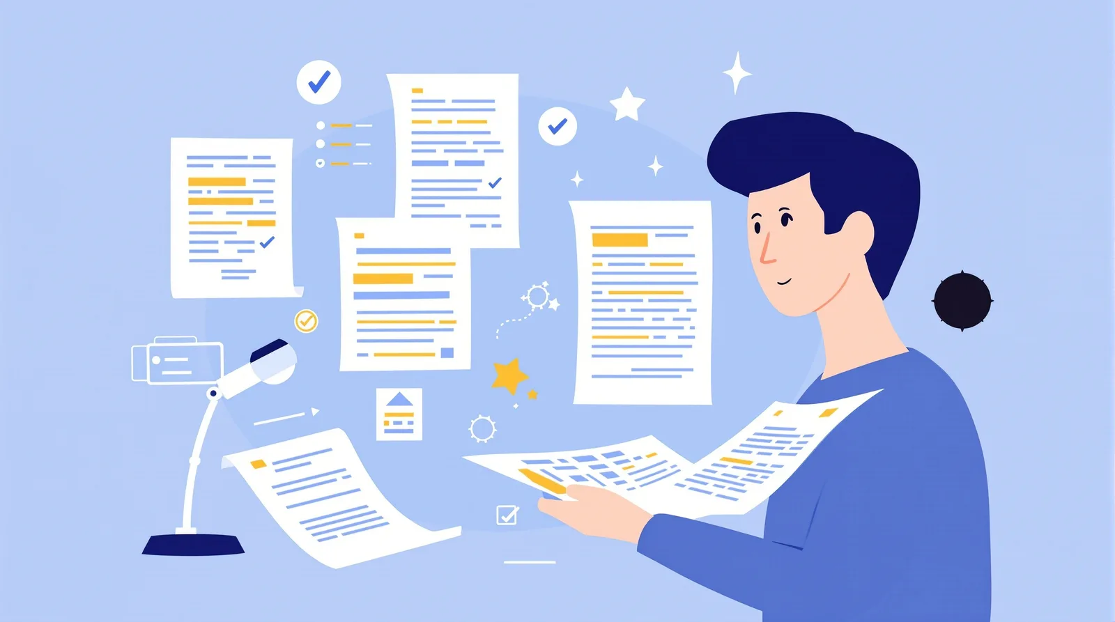 合格者の志望理由書を分析する日本人学生のイラスト