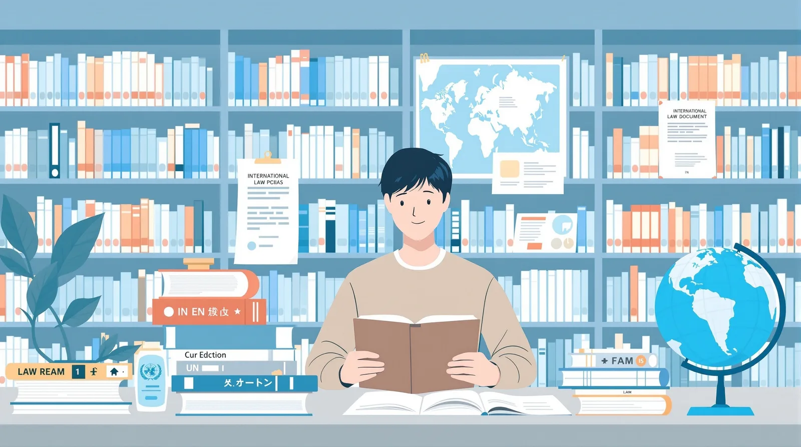国際法を学ぶ日本人学生のイラスト