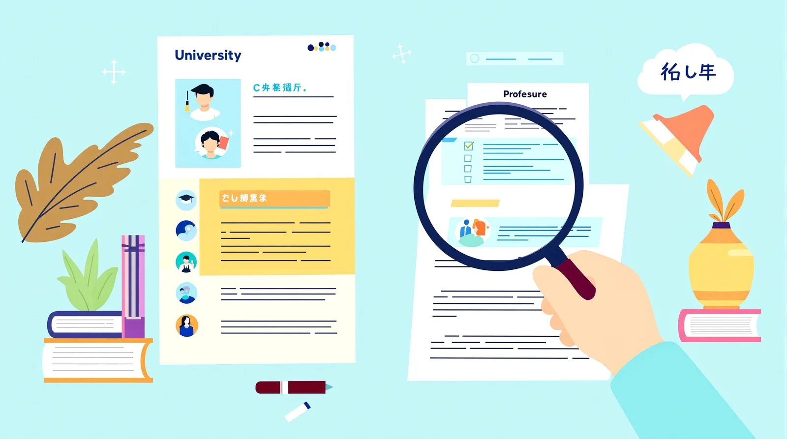 大学の資料を詳しく調査する学生のイラスト