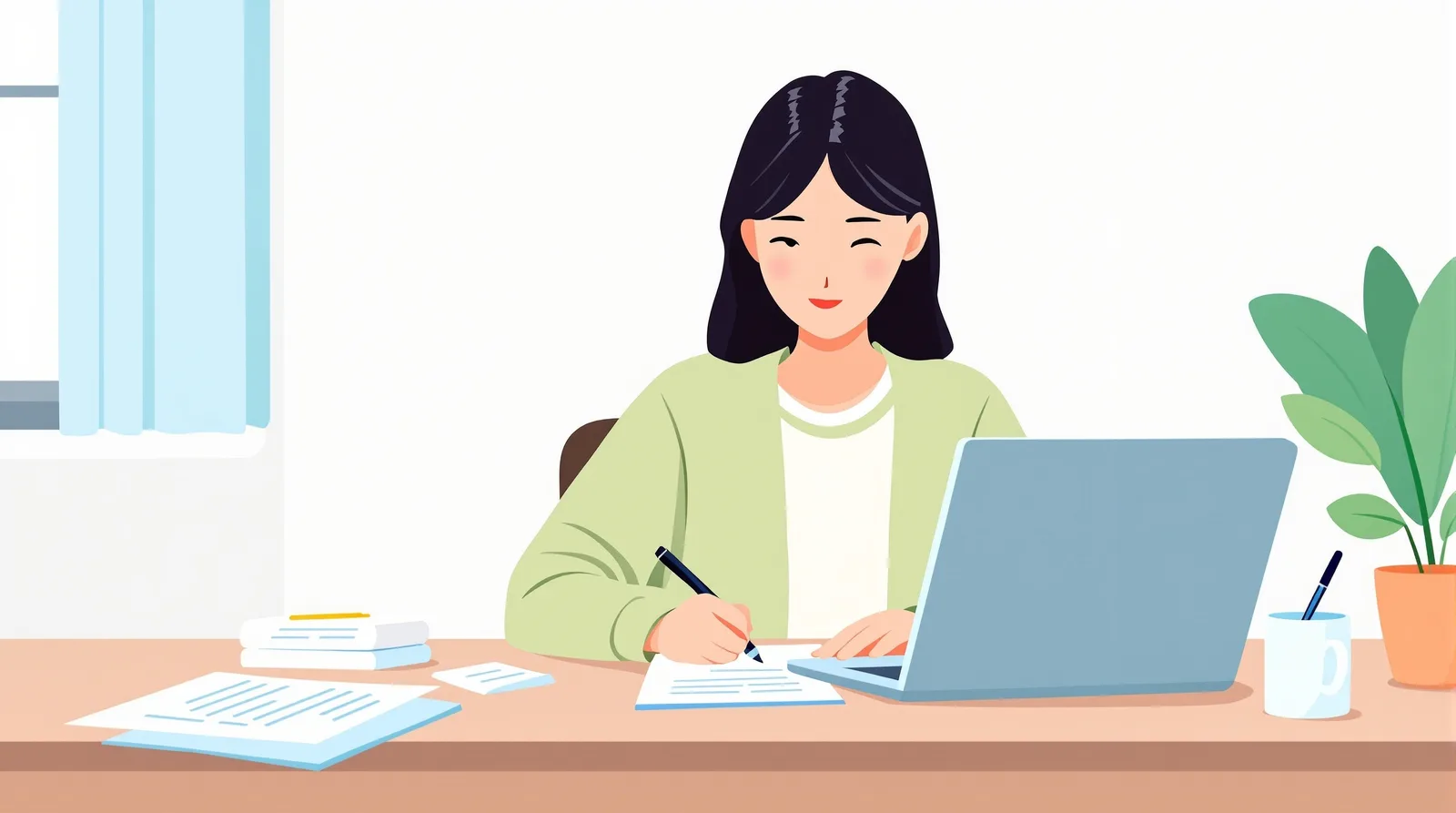志望理由書に取り組む学生のイラスト