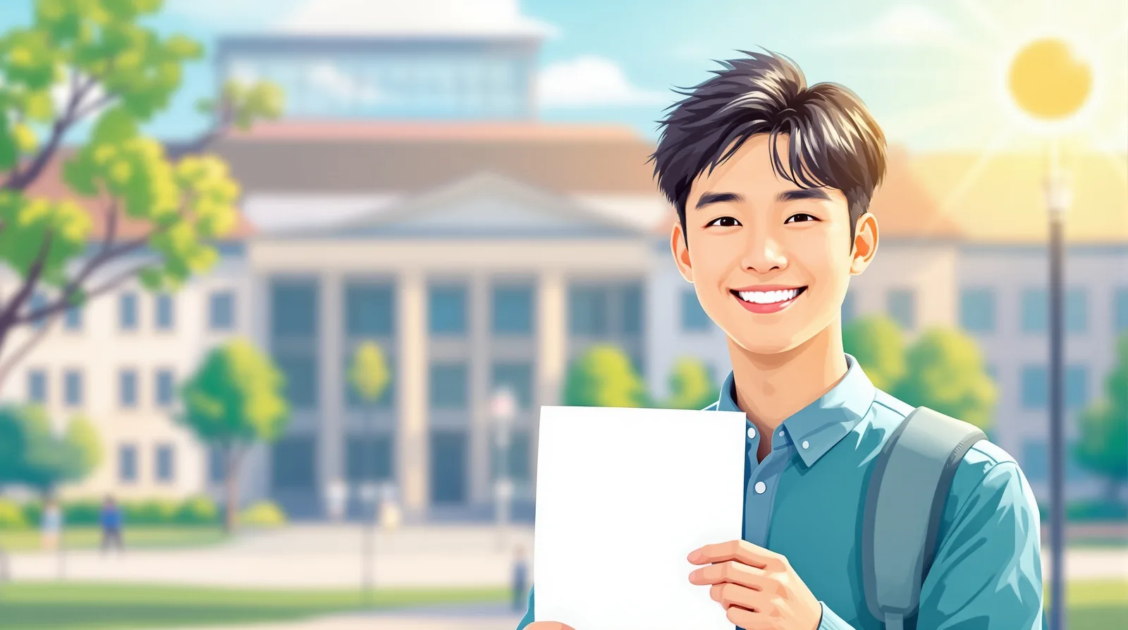 完成した志望理由書を持つ自信に満ちた学生のイラスト