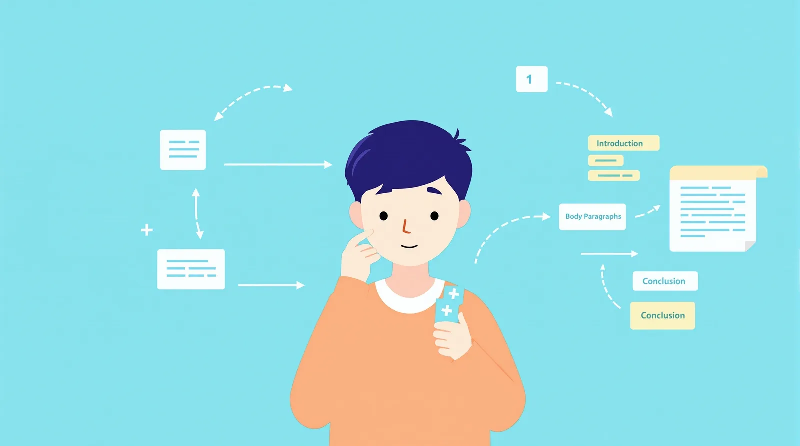 効果的な論理構成を組み立てる日本人学生のイラスト