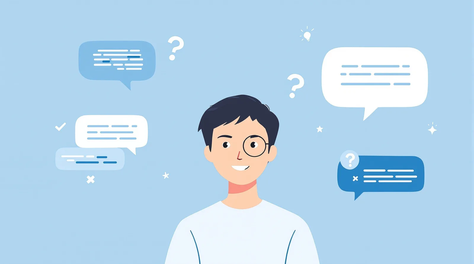 Q&Aで疑問を解決する日本人学生のイラスト