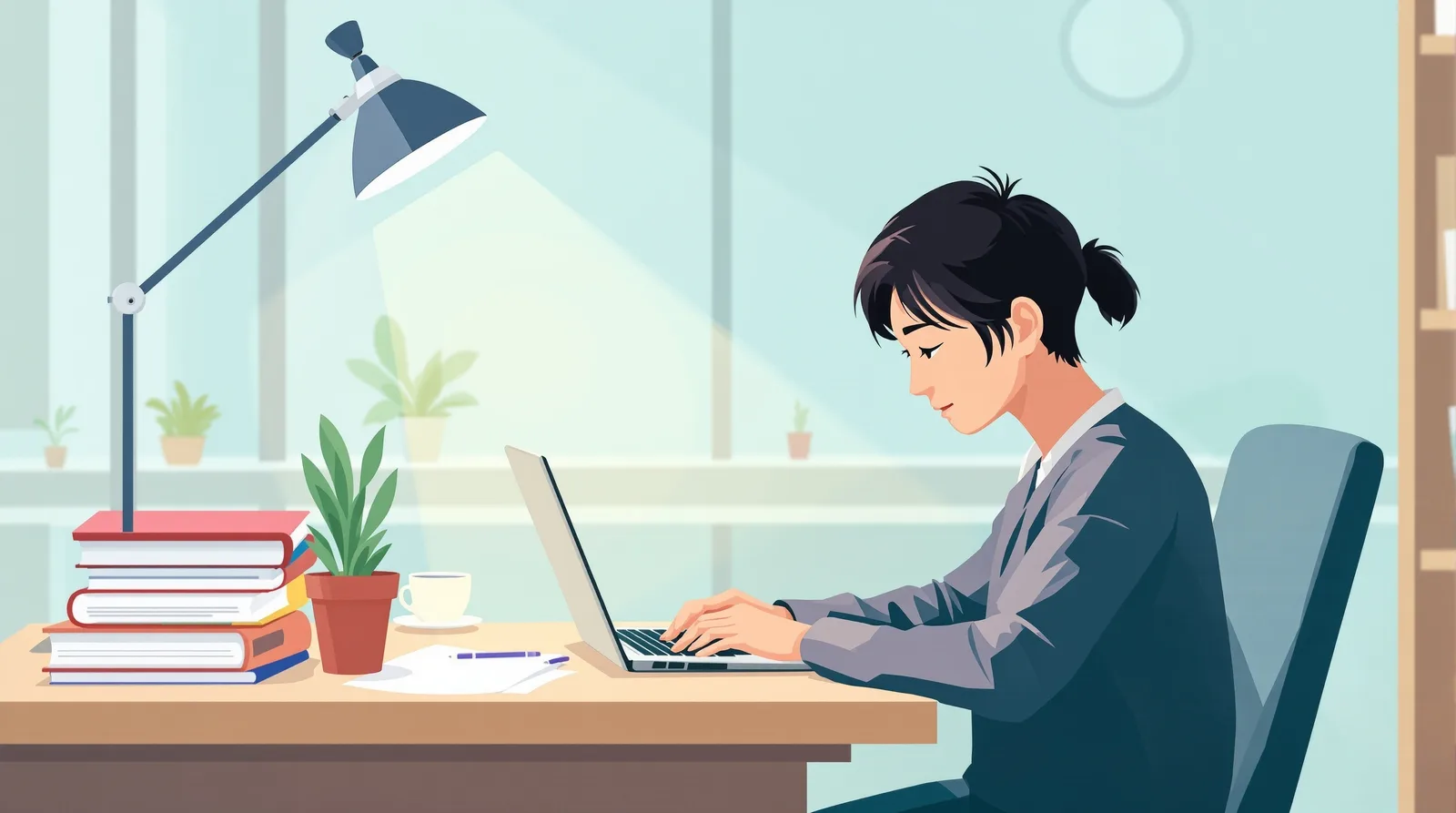 志望理由書を執筆する学生のイラスト