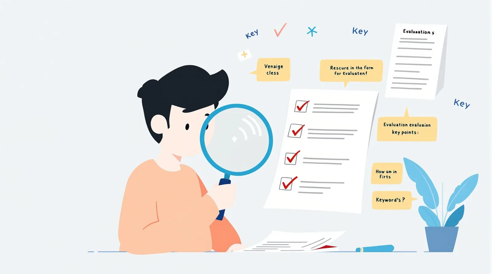 評価ポイントを調査する学生のイラスト