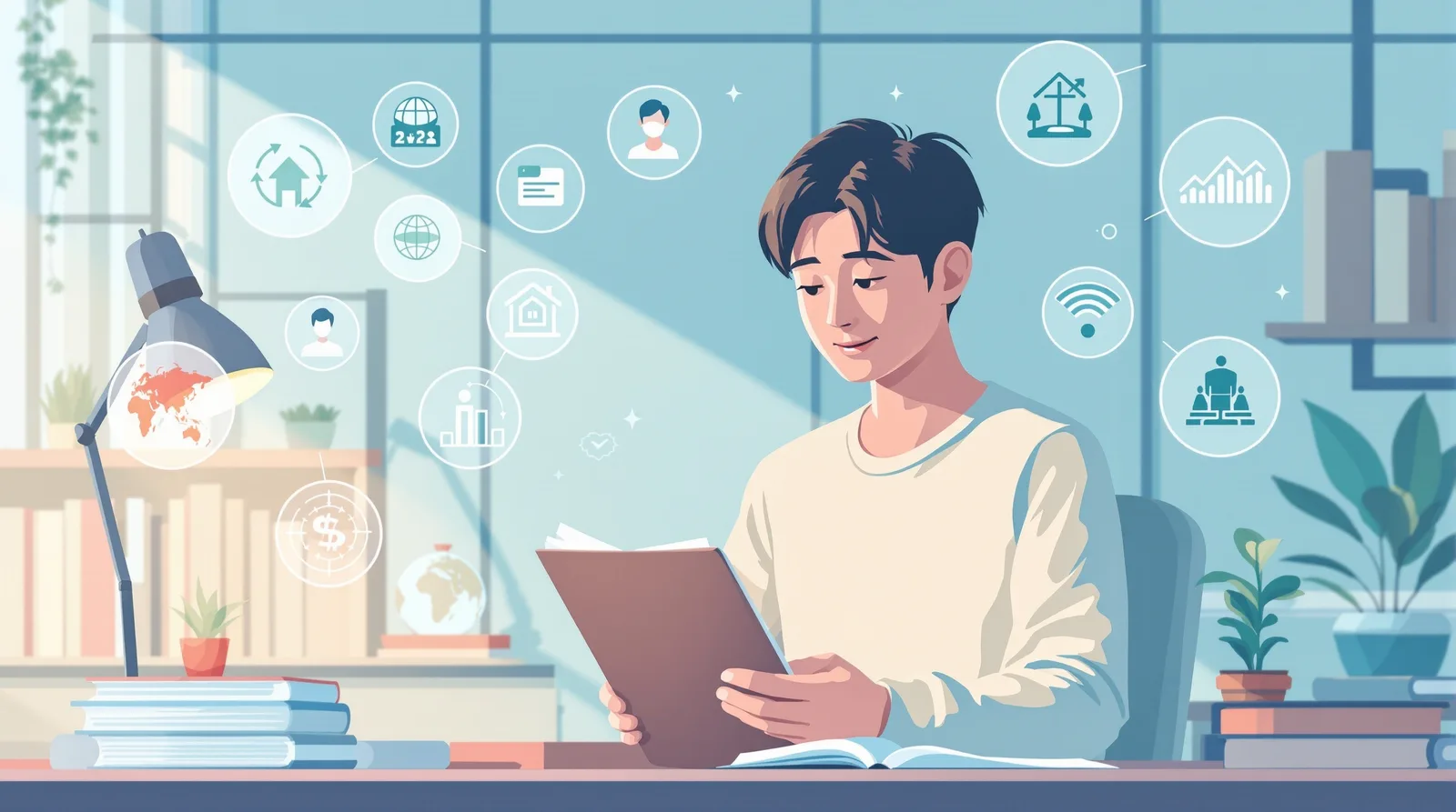 合格者の志望理由書事例を分析する学生のイラスト