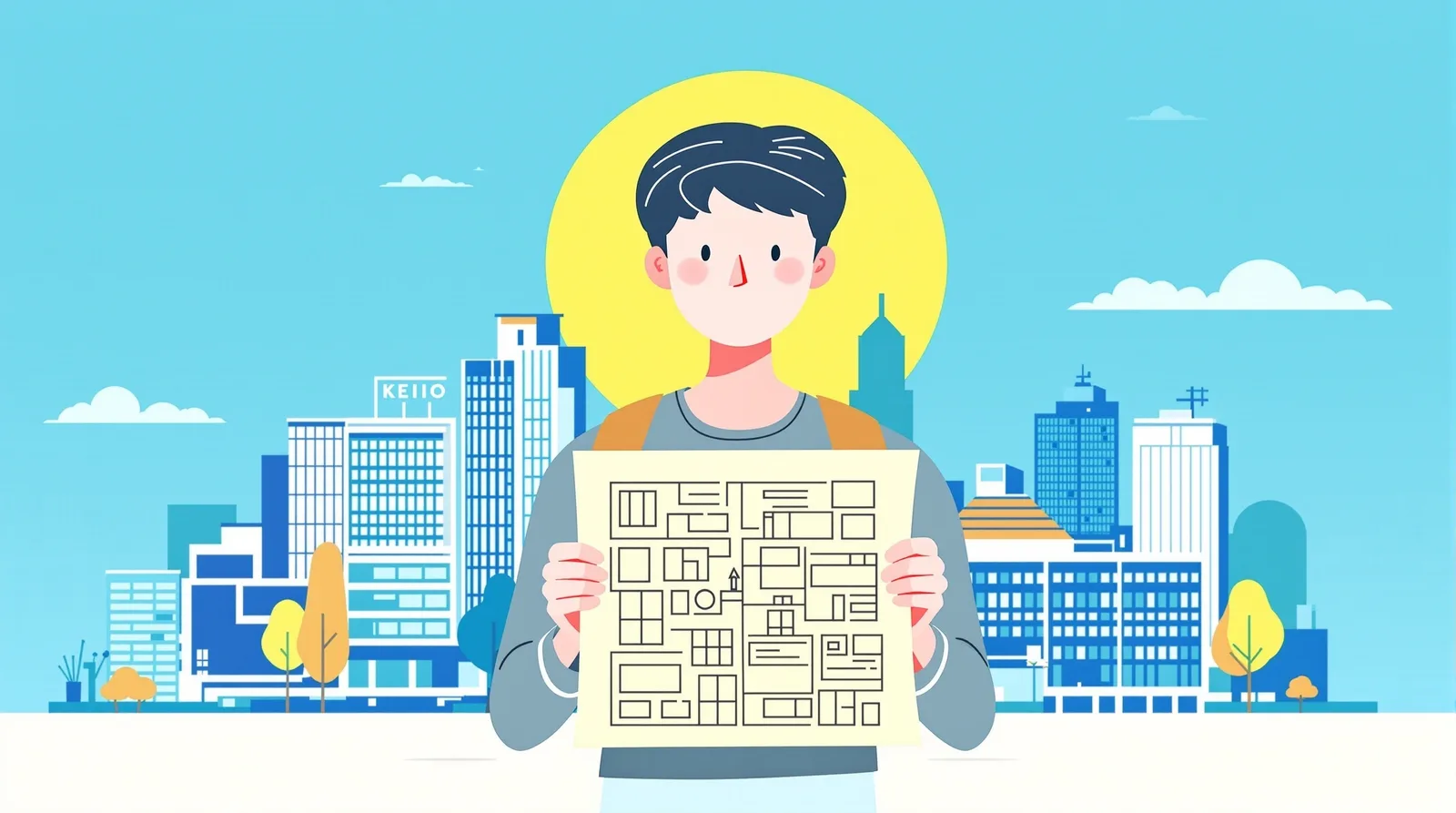 未来設計図を手に持つ希望に満ちた日本人学生のイラスト