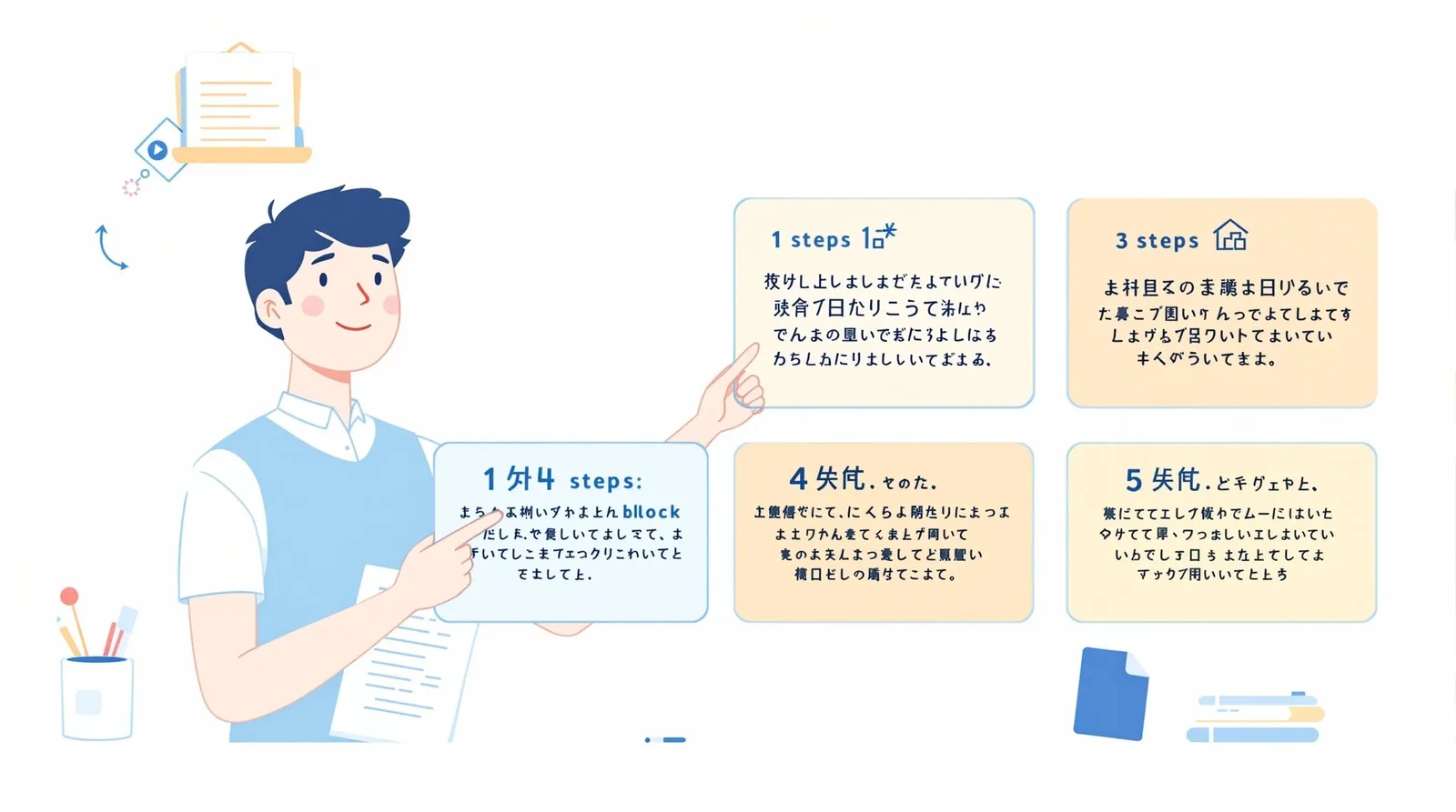 志望理由書の構成を整理する日本人学生のイラスト
