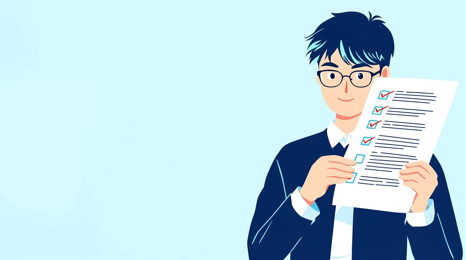 最終チェックリストを確認する学生のイラスト