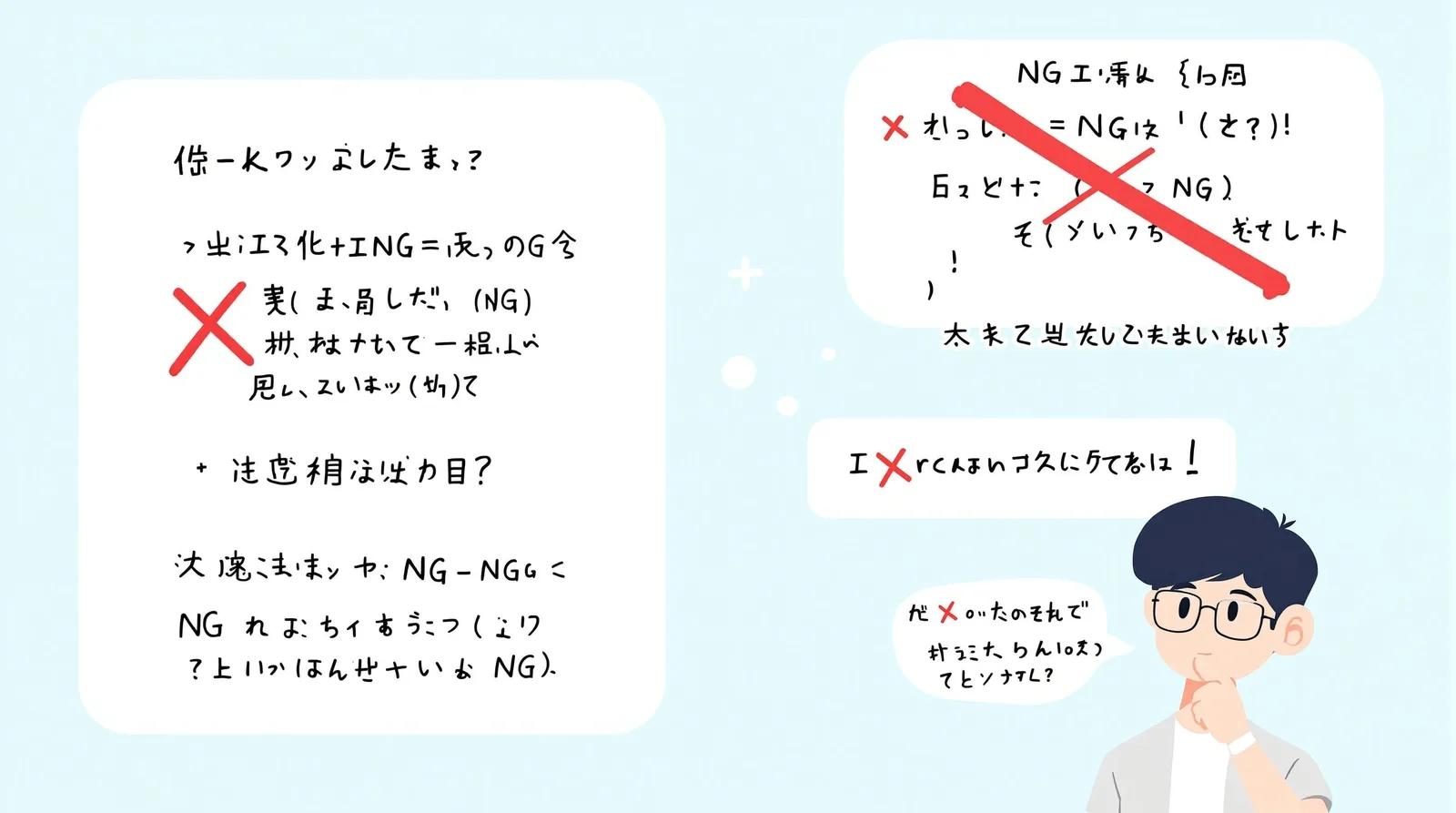 NG事例を避けて学ぶ学生のイラスト