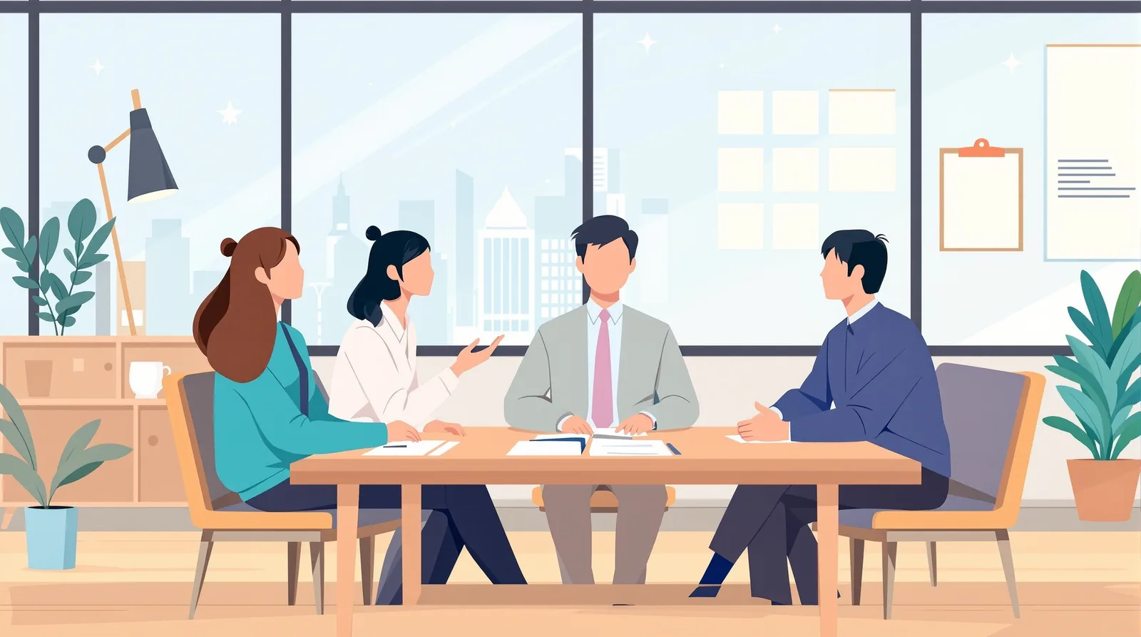 大学のゼミで議論する学生たちのイラスト