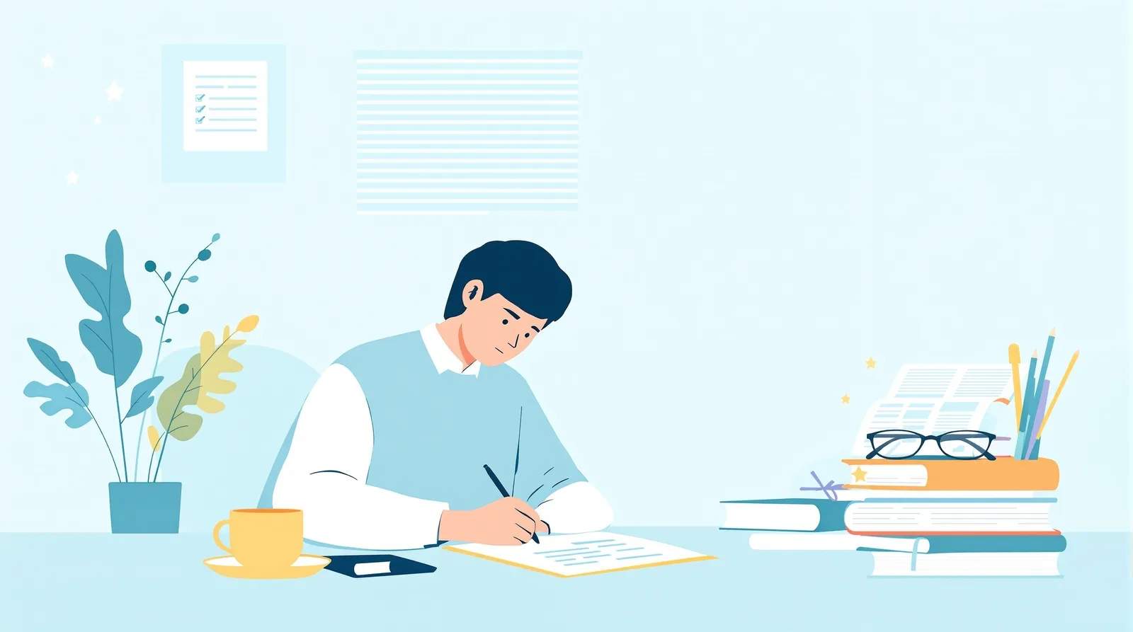志望理由書に真剣に取り組む日本人学生のイラスト